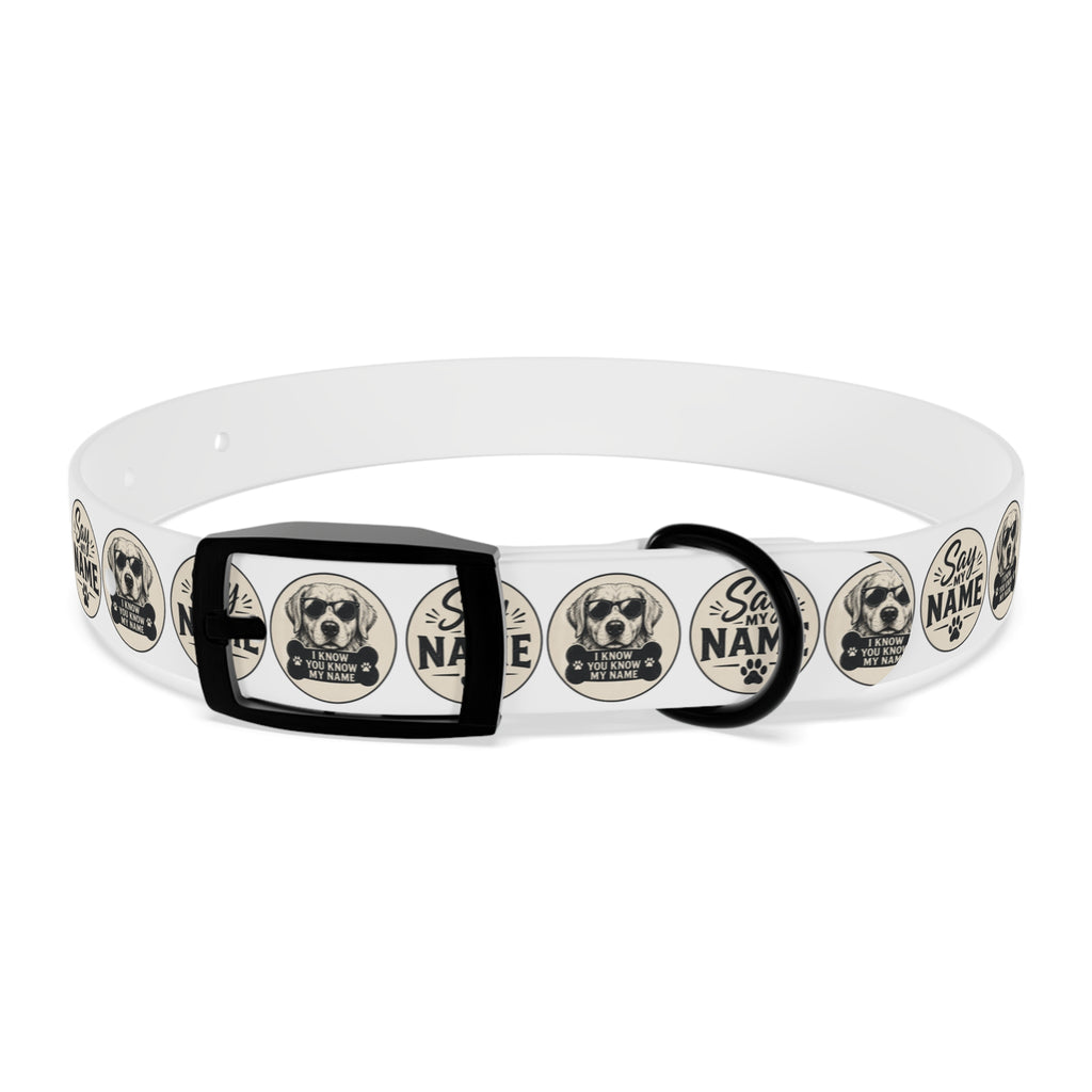 Personalized Dog Collar — "Say My Name" Pet ID Collar with Custom Name, Retro Paw Badge Design