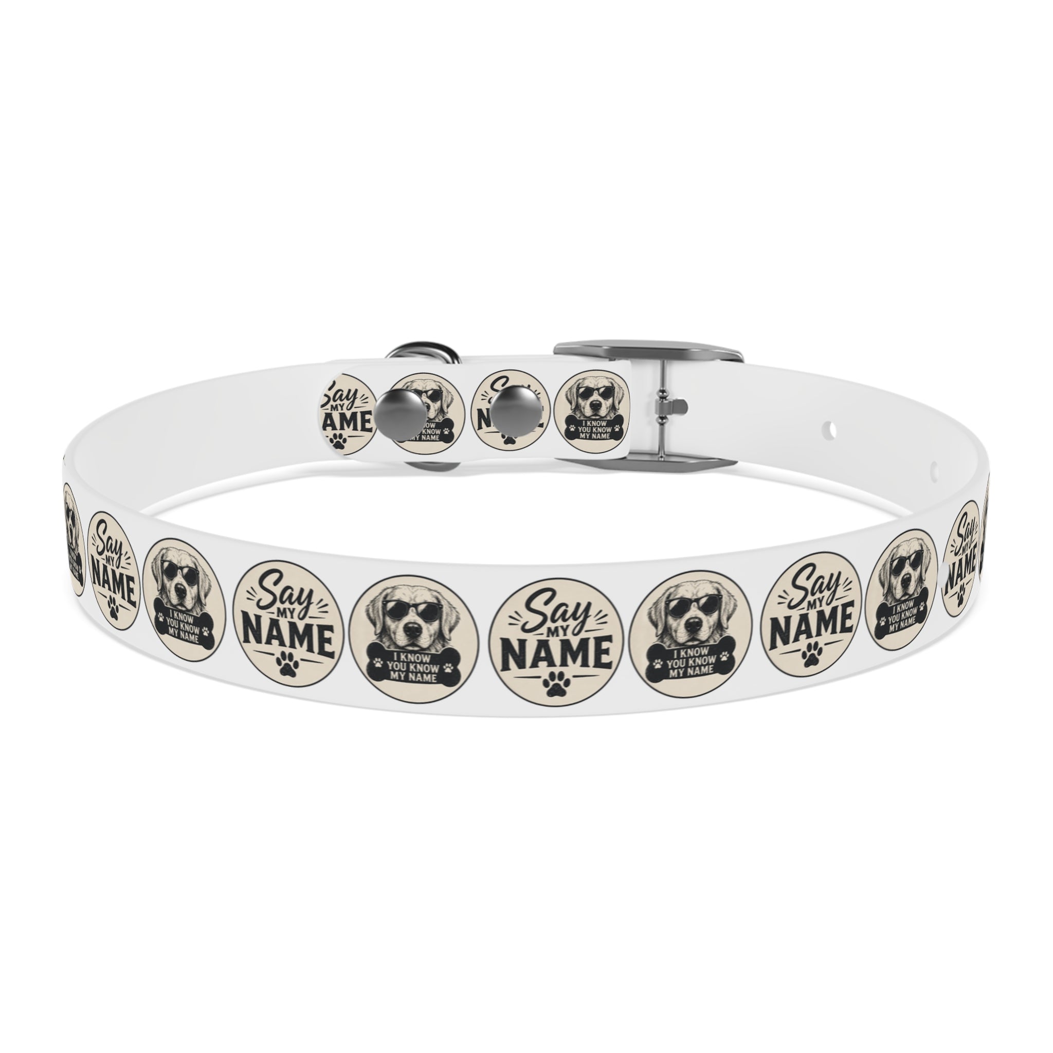 Personalized Dog Collar — "Say My Name" Pet ID Collar with Custom Name, Retro Paw Badge Design