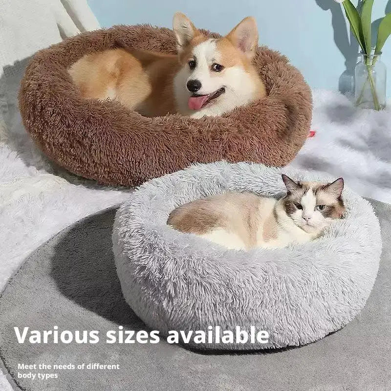 Calming Donut Dog Bed — Faux Fur Plush Self-Warming Cuddle Bed