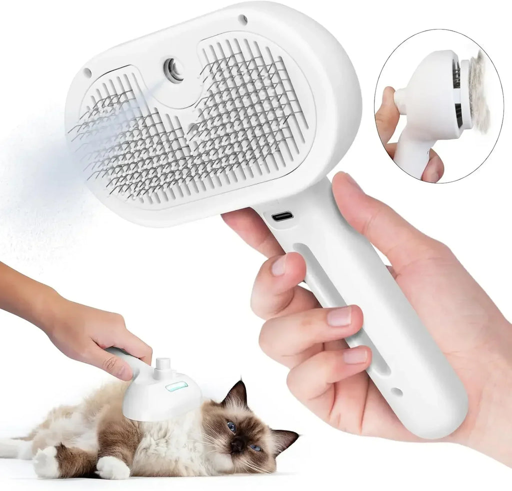 Rechargeable Steam-Spray Pet Grooming Comb — Foldable Dematting Brush & Hair Remover for Cats & Dogs
